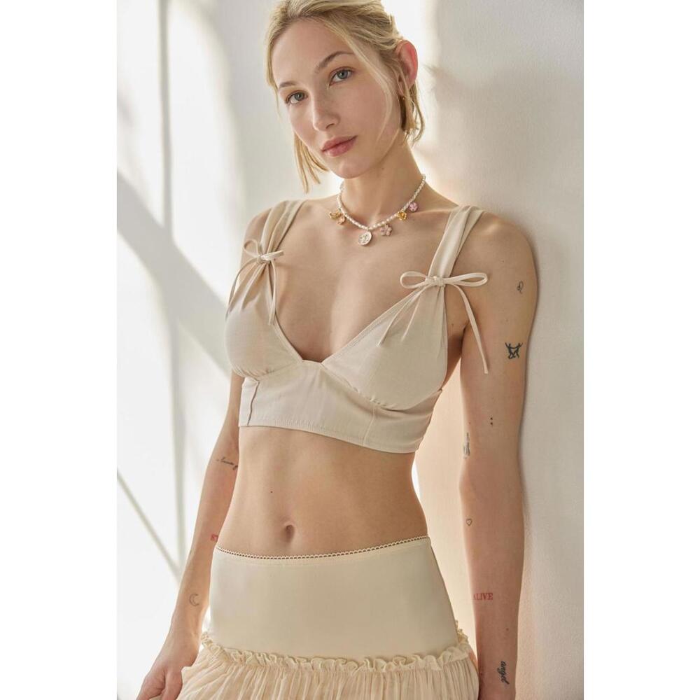 UO Out From Under Sophie Bow Longline Triangle Bralette Ivory SMALL NWT